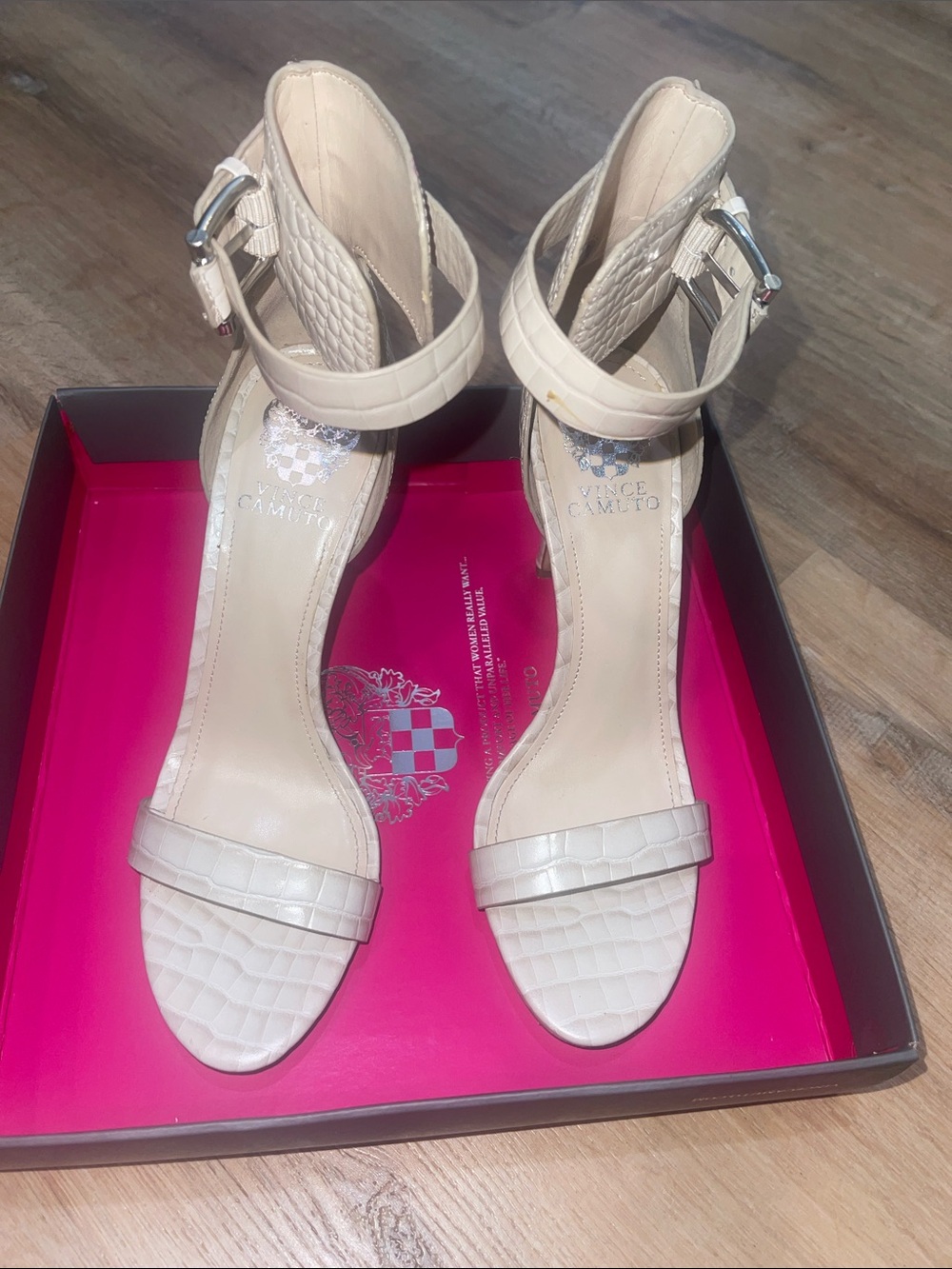 Vince Camuto Ivory Croc-Embossed Ankle Strap Heels